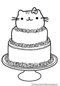 Kolorowanka Pusheen w torcie, kot z kokardką na głowie, tort z wzorami, słodycze