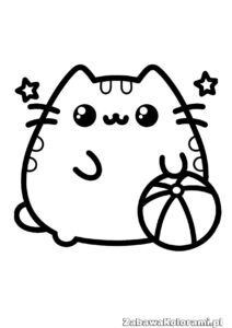 pusheen kolorowanka do pobrania, kot z dużymi okrągłymi oczami, małym nosem, uśmiechniętym wyrazem twarzy, wąsikami, dwoma małymi gwiazdkami po obu stronach głowy, trzymającą piłkę z kwiatkowym wzorem