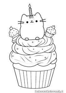 pusheen z babeczką, kot, słodycze, malowanka