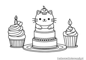 Pusheen w torcie, kot z czapką urodzinową, tort, cupcaki, świeczki