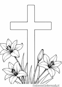 Kolorowanka krzyż wielkanocny z liliami – motyw religijny