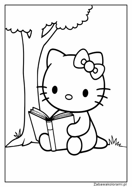 Hello Kitty czyta książkę pod drzewem, ma kokardkę na głowie i białą sukienkę