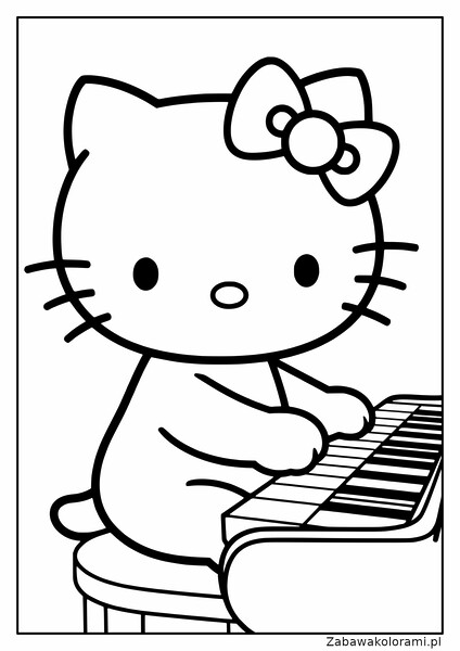 Hello kitty gra na pianinie, ma kokardkę na głowie