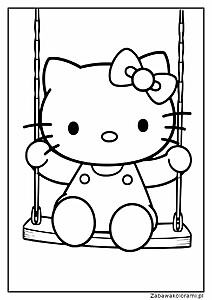 Hello Kitty na huśtawce z dużymi oczami, małym nosem i kokardką na głowie