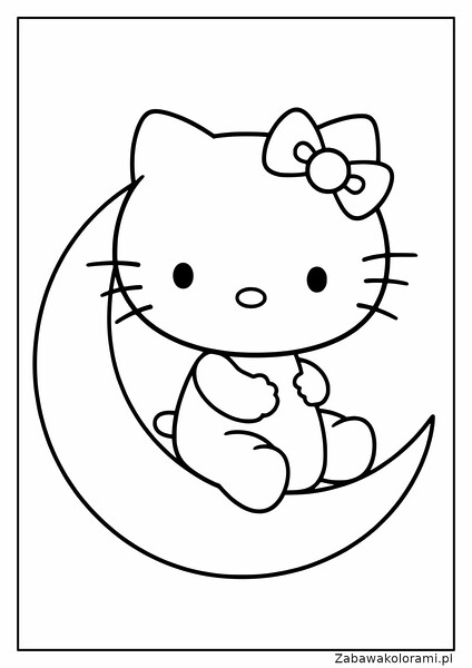 Hello Kitty siedzi na księżycu. Ma duże, okrągłe oczy, mały nos i wąsy. Na głowie ma kokardkę.