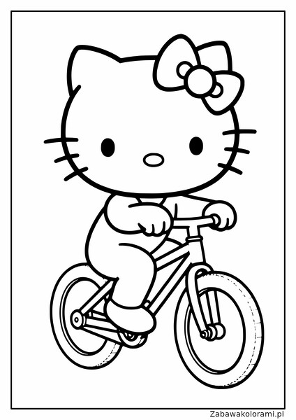 Hello Kitty na rowerze z dużymi oczami, wąsikami i kokardką na głowie. Rower z dwoma kołami, siodełkiem i kierownicą.
