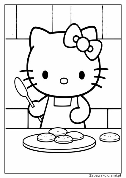 Hello kitty piecze ciasteczka kolorowanka. Hello kitty trzyma łyżkę, na blacie talerz z ciasteczkami, na tle kafelkowana ściana