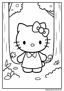 Hello Kitty z kokardką, sukienką i motylkiem, kwiaty i motylki, drzewa i liście