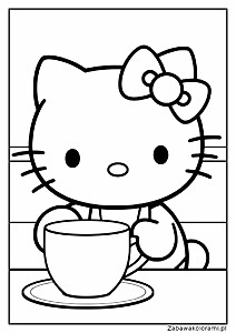 Hello Kitty z filiżanką i talerzykiem, ma kokardkę na głowie