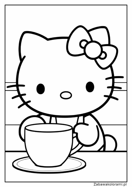 Hello Kitty z filiżanką i talerzykiem, ma kokardkę na głowie