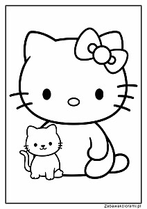Hello Kitty z kotkiem, Hello Kitty ma kokardkę na głowie, kotek siedzi obok Hello Kitty