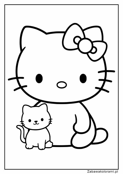 Hello Kitty z kotkiem, Hello Kitty ma kokardkę na głowie, kotek siedzi obok Hello Kitty