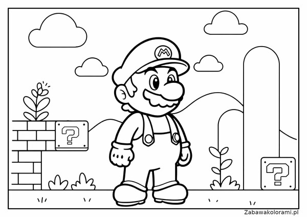 Kolorowanka Mario z gry - Mario w kapeluszu i kombinezonie, pytania bloków, mur z cegły, rośliny, chmury na niebie