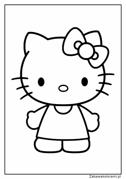 Łatwa Kolorowanka Hello Kitty z dużymi oczami, wąsikami i kokardką na głowie. Hello Kitty w prostym stroju z sukienką i krótkimi rękawami.