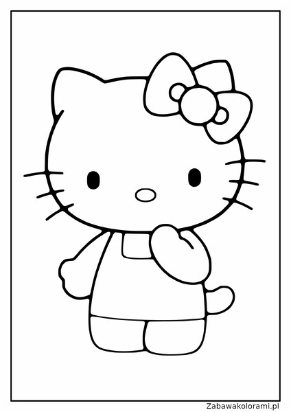 Kolorowanka Hello Kitty z dużymi oczami, wąsikami i kokardką na głowie. Postać w sukience z rękami ułożonymi przed sobą.