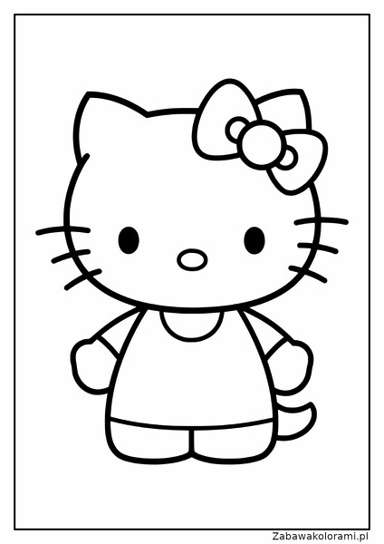 Kolorowanka przedstawia Hello Kitty z kotkiem. Hello Kitty ma duże oczy, wąsy i kokardkę na głowie. Na sobie ma sukienkę, a ręce ma lekko zgięte w bokach.