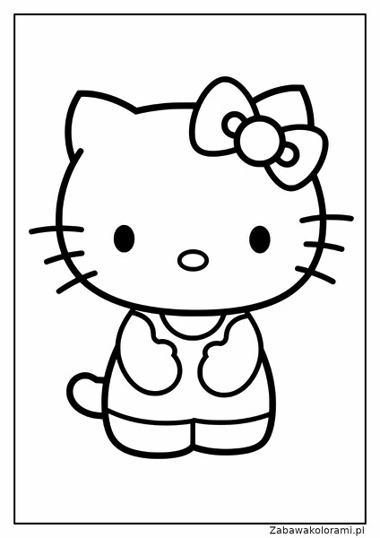 Kolorowanka z Hello Kitty z kokardką na głowie i ubrankiem z krótkimi rękawami