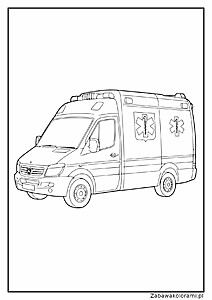 Kolorowanka przedstawiająca ambulans z logo Mercedes-Benz i symbolami życia