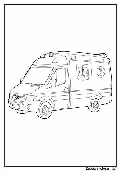 Kolorowanka przedstawiająca ambulans z logo Mercedes-Benz i symbolami życia