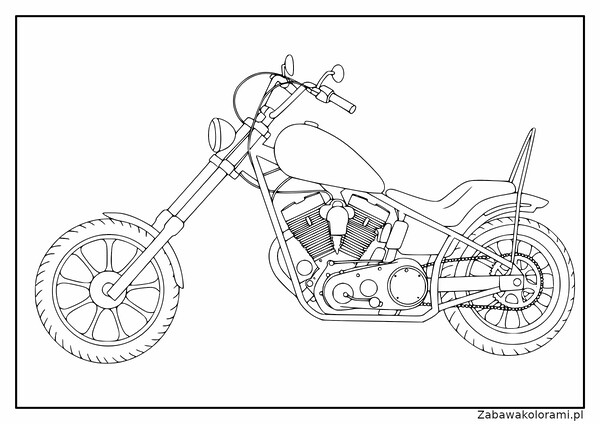 Kolorowanka motocykl klasyczny silnik V-twin zbiornik paliwa koła wydech