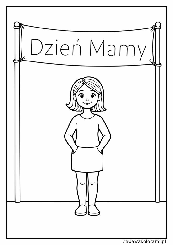 Kolorowanka przedstawiająca dziewczynkę w sukience i butach przed banerem z napisem Dzień Mamy.