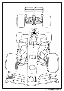 Kolorowanka Formuły 1 samochód z widocznymi kołami, zawieszeniem, silnikiem i innymi częściami mechanicznymi.