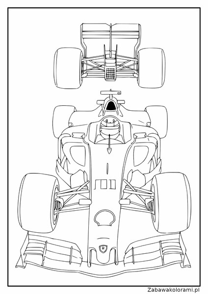 Kolorowanka Formuły 1 samochód z widocznymi kołami, zawieszeniem, silnikiem i innymi częściami mechanicznymi.