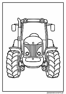 Kolorowanka przedstawiająca traktor z dużymi oponami, reflektorami i kabiną z kierownicą.