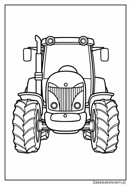Kolorowanka przedstawiająca traktor z dużymi oponami, reflektorami i kabiną z kierownicą.