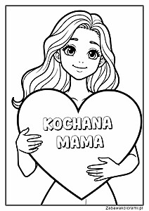 Dziewczynka z długimi falowanymi włosami trzyma serce z napisem Kochana Mama