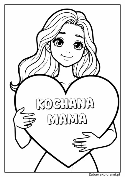 Dziewczynka z długimi falowanymi włosami trzyma serce z napisem Kochana Mama
