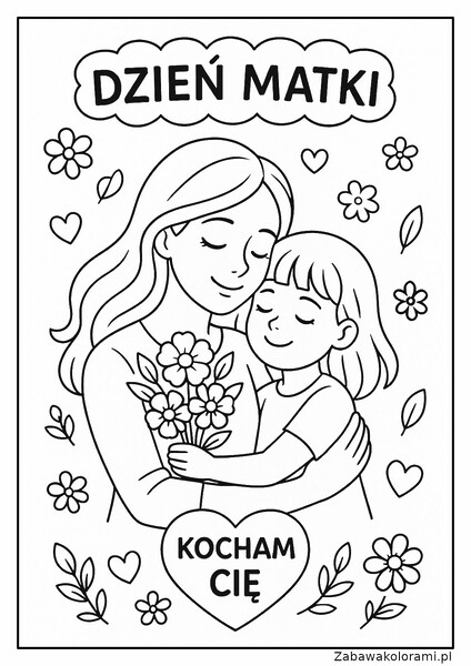 Kolorowanka Dzień Matki z mamą i dzieckiem. Mama trzyma w ręku bukiet kwiatów. Nad sceną napis DZIEŃ MATKI. Pod sceną serce z napisem KOCHAM CIĘ. Tło ozdobione kwiatami i serduszkami.
