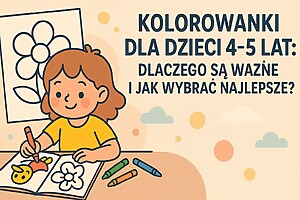 Kolorowanka dla dzieci przedstawiająca dziewczynkę siedzącą przy stole z otwartą książką do kolorowania, trzymającą kredkę i kolorującą kwiatek. Na stole leżą kredki.
