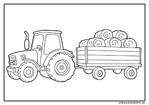 Traktor z przyczepą pełną siana. Traktor ma kabinę, koła i rurę wydechową. Przyczepa ma dwa duże koła i prostokątny wóz. W przyczepie znajdują się kuliste siana.