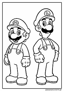 Kolorowanka Mario i Luigi z postaciami Mario w czerwonym kubraku i muszce oraz Luigi w zielonym kubraku i muszce.