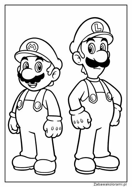 Kolorowanka Mario i Luigi z postaciami Mario w czerwonym kubraku i muszce oraz Luigi w zielonym kubraku i muszce.