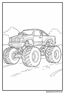 Kolorowanka Monster truck z dużymi oponami, dużą maską i szczegółami na karoserii