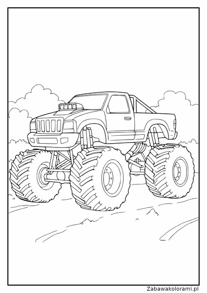 Kolorowanka Monster truck z dużymi oponami, dużą maską i szczegółami na karoserii