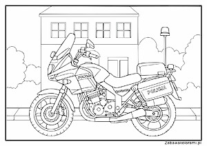 Kolorowanka policjant na motocyklu, budynek, krzewy i latarnia