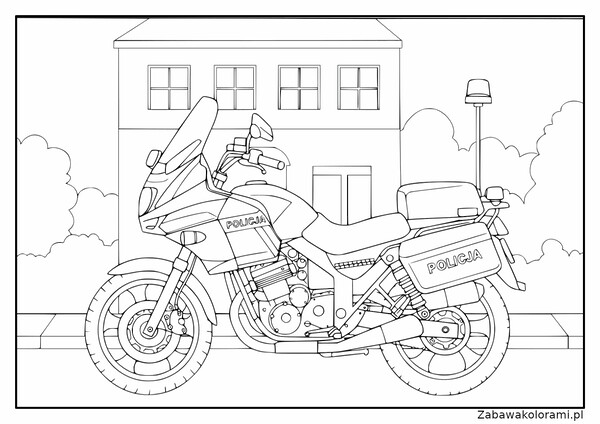 Kolorowanka policjant na motocyklu, budynek, krzewy i latarnia