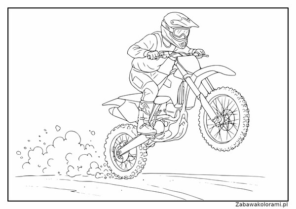 Osoba na motocyklu enduro w ochronnym hełmie i goglach, podnosząca pył za motocyklem