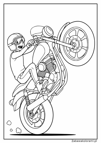 Motocykl na jednym kole, motocyklista w hełmie i goglach, szczegółowe widoczne mechanizmy motocykla