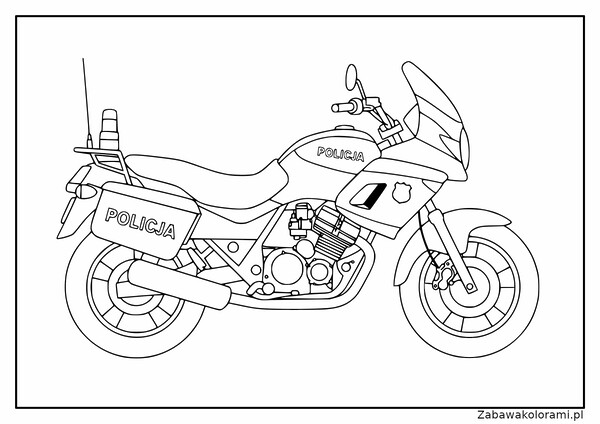 Kolorowanka motor policyjny z napisem POLICJA, syreną, schowkiem i godłem.