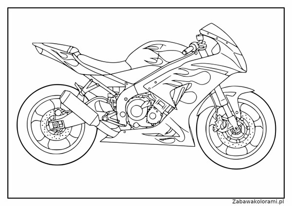 Kolorowanka przedstawia motocykl z płomieniami, sportowym designem, jedną siedzeniem, widocznym silnikiem, hamulcami tarczowymi i wydechem.