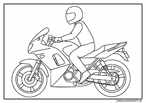 Kolorowanka przedstawiająca osobę na motocyklu z hełmem w pozycji wyścigowej