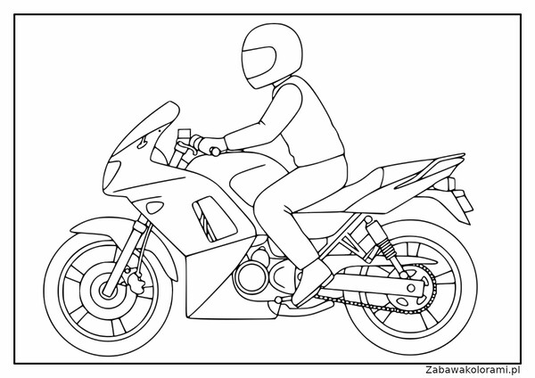 Kolorowanka przedstawiająca osobę na motocyklu z hełmem w pozycji wyścigowej