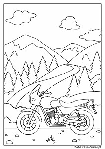 Kolorowanka z motocyklem, górami, drzewami i krętą drogą