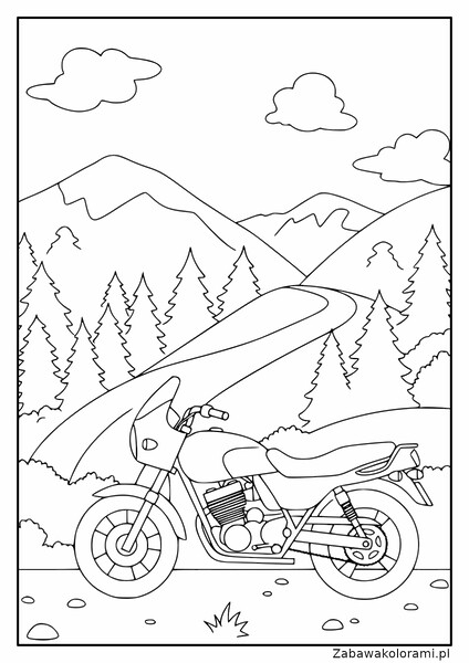 Kolorowanka z motocyklem, górami, drzewami i krętą drogą