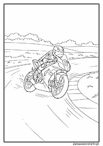 Kolorowanka przedstawia motorzystę na motocyklu sportowym na krętej drodze, z krajobrazem z pagórkami i chmurami na tle