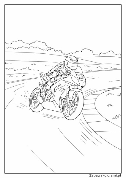 Kolorowanka przedstawia motorzystę na motocyklu sportowym na krętej drodze, z krajobrazem z pagórkami i chmurami na tle